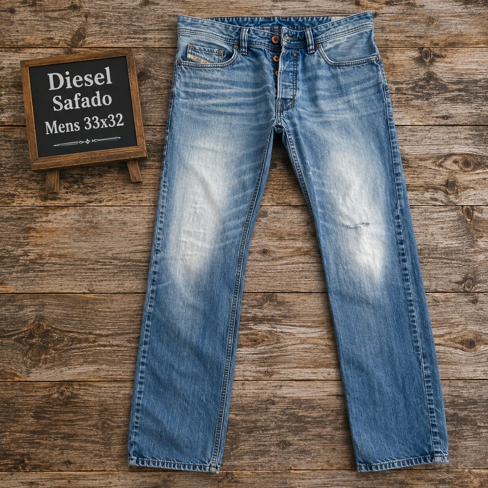 Diesel Safado Mens Jeans 33x32 Light Wash Distressed Slim Straight 0830W Denim